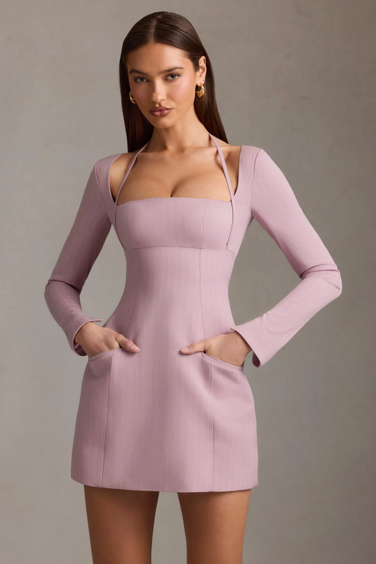 Pinstripe Structured A-Line Mini Dress in Mauve - UK Size:12
